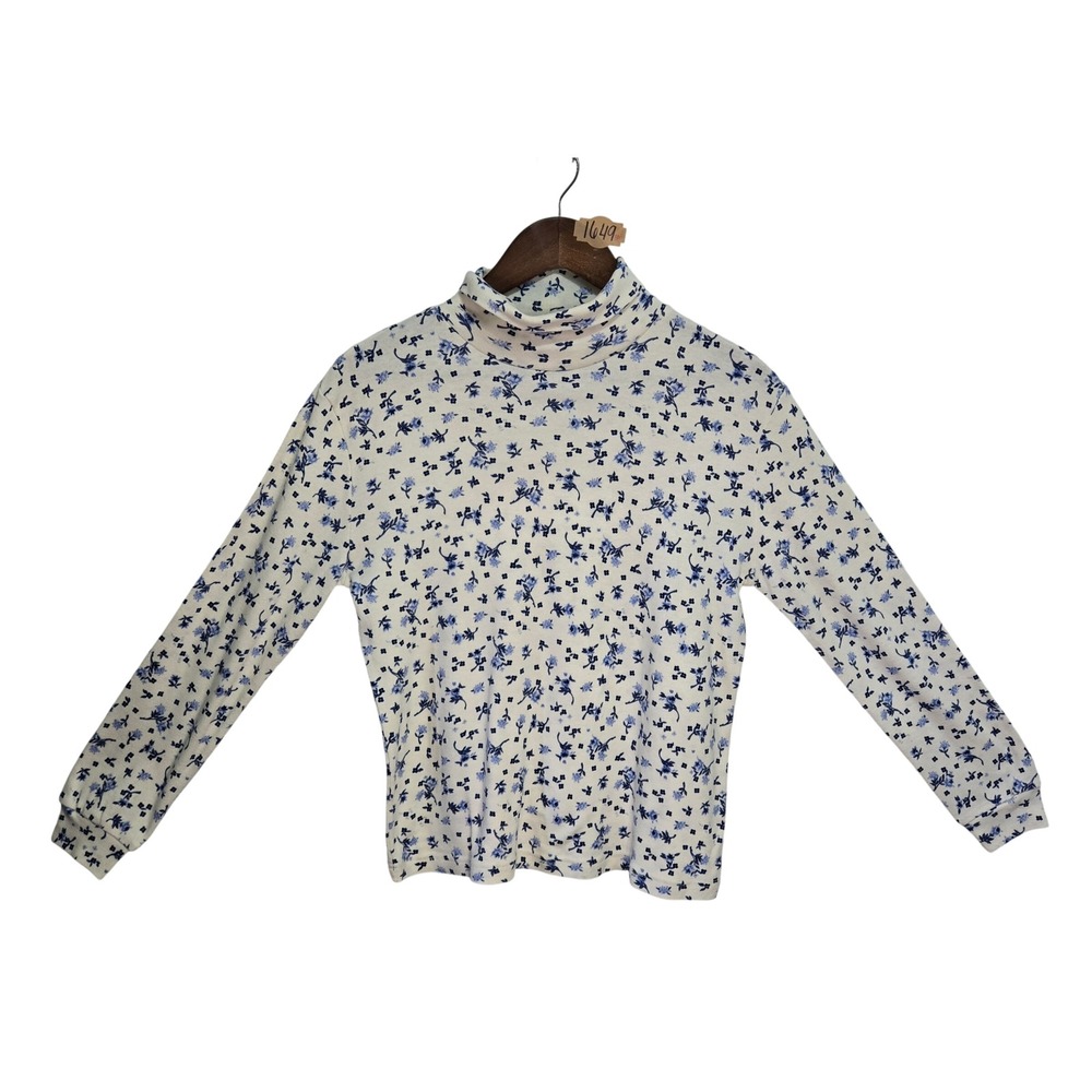 Vintage Hanes Her Way Turtleneck Top M Blue Floral Ditsy Print 90s Cotton Blend